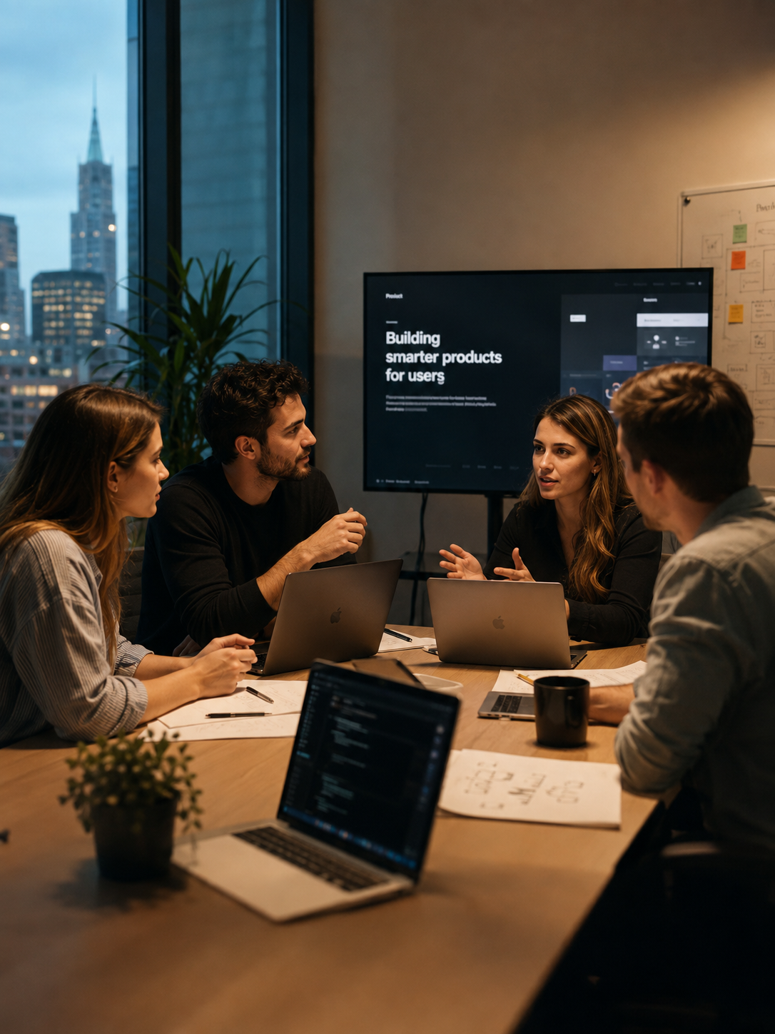 Four colleagues discussing a product design across a meeting table of laptops and notes