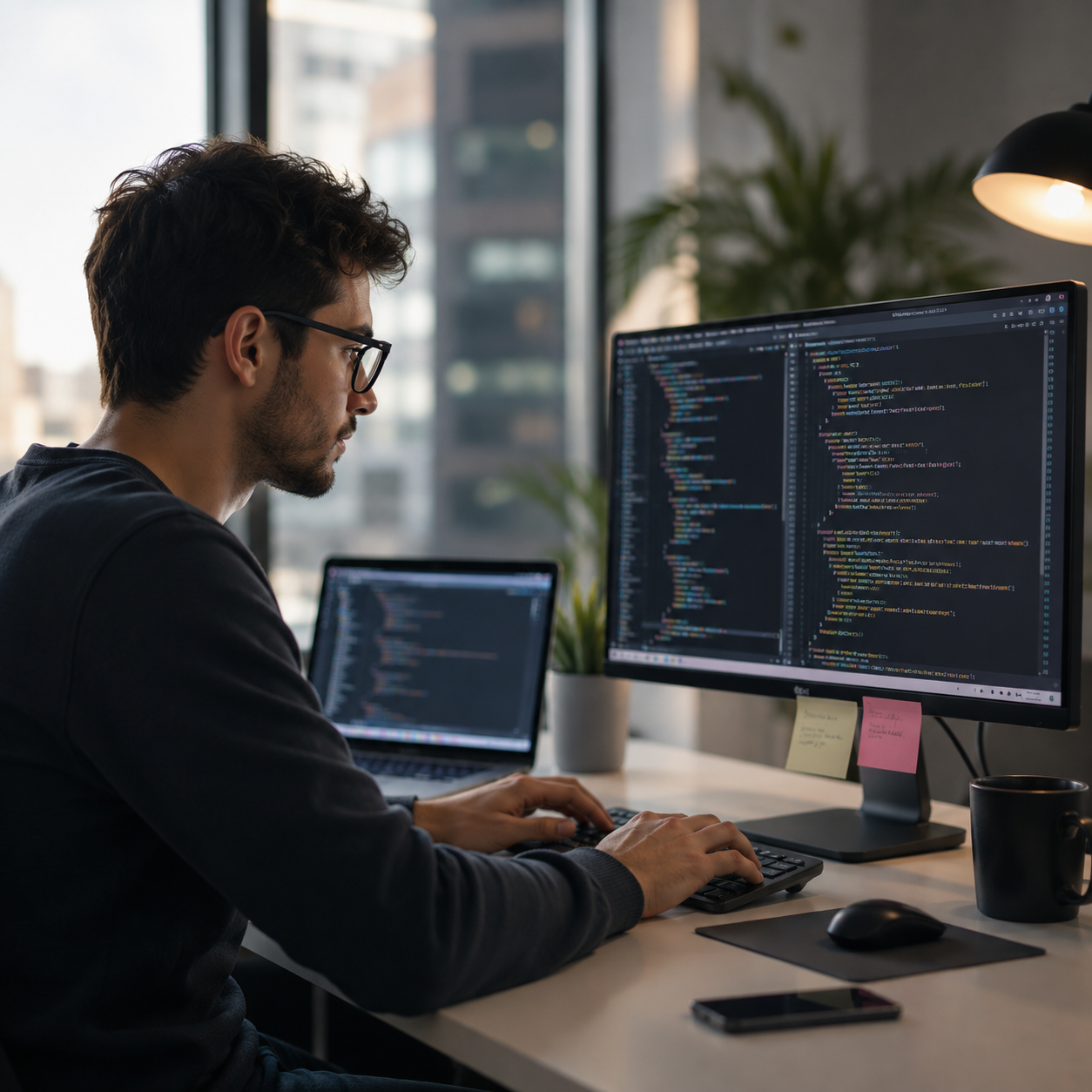 A developer writing code on a desktop monitor beside an open laptop, city windows behind the desk
