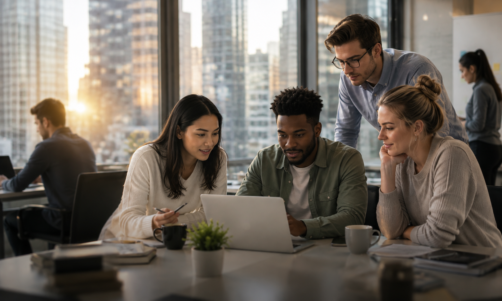 Four colleagues reviewing work together on a laptop in an office
